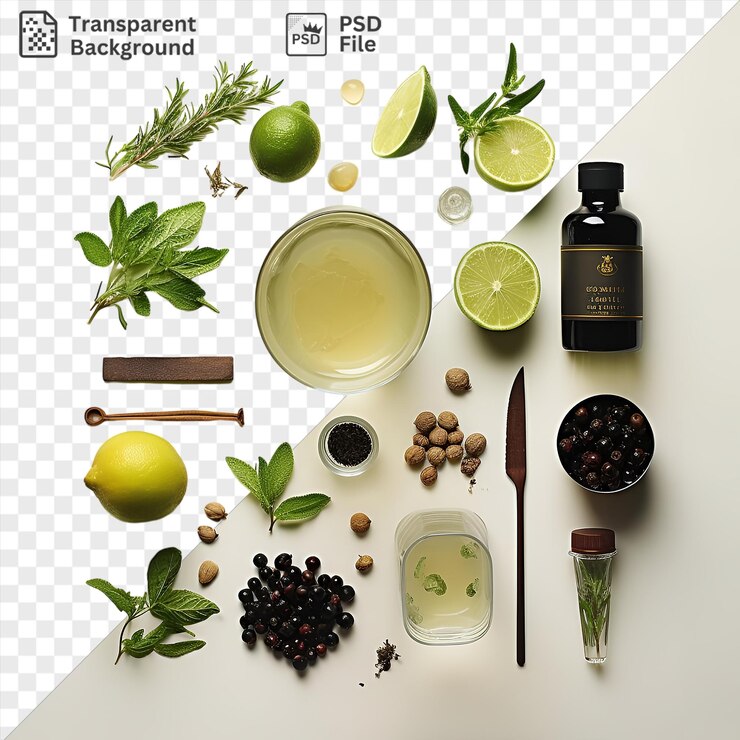 PSD ingrédients de cocktail d'artisanat étonnants mis en place sur un fond transparent avec une bouteille noire couteau d'argent et des citrons jaunes