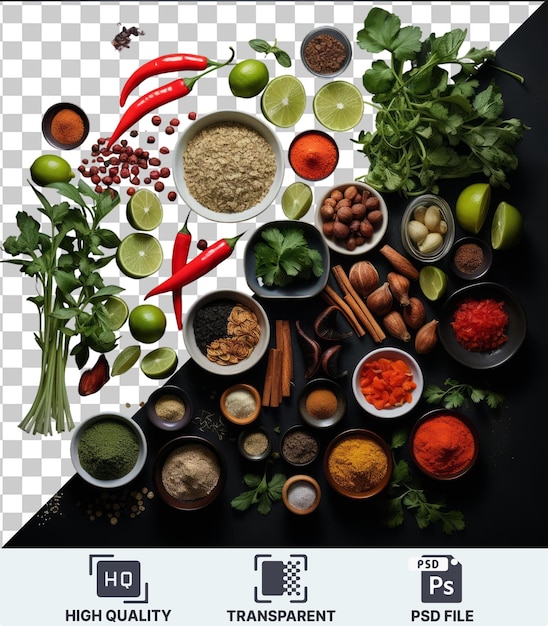Ingrédients De Cuisine Thaïlandais Gourmet De Haute Qualité Disposés Sur Une Table Noire Avec Une Variété De Bols En Noir Blanc Brun Et Rouge Ainsi Que
