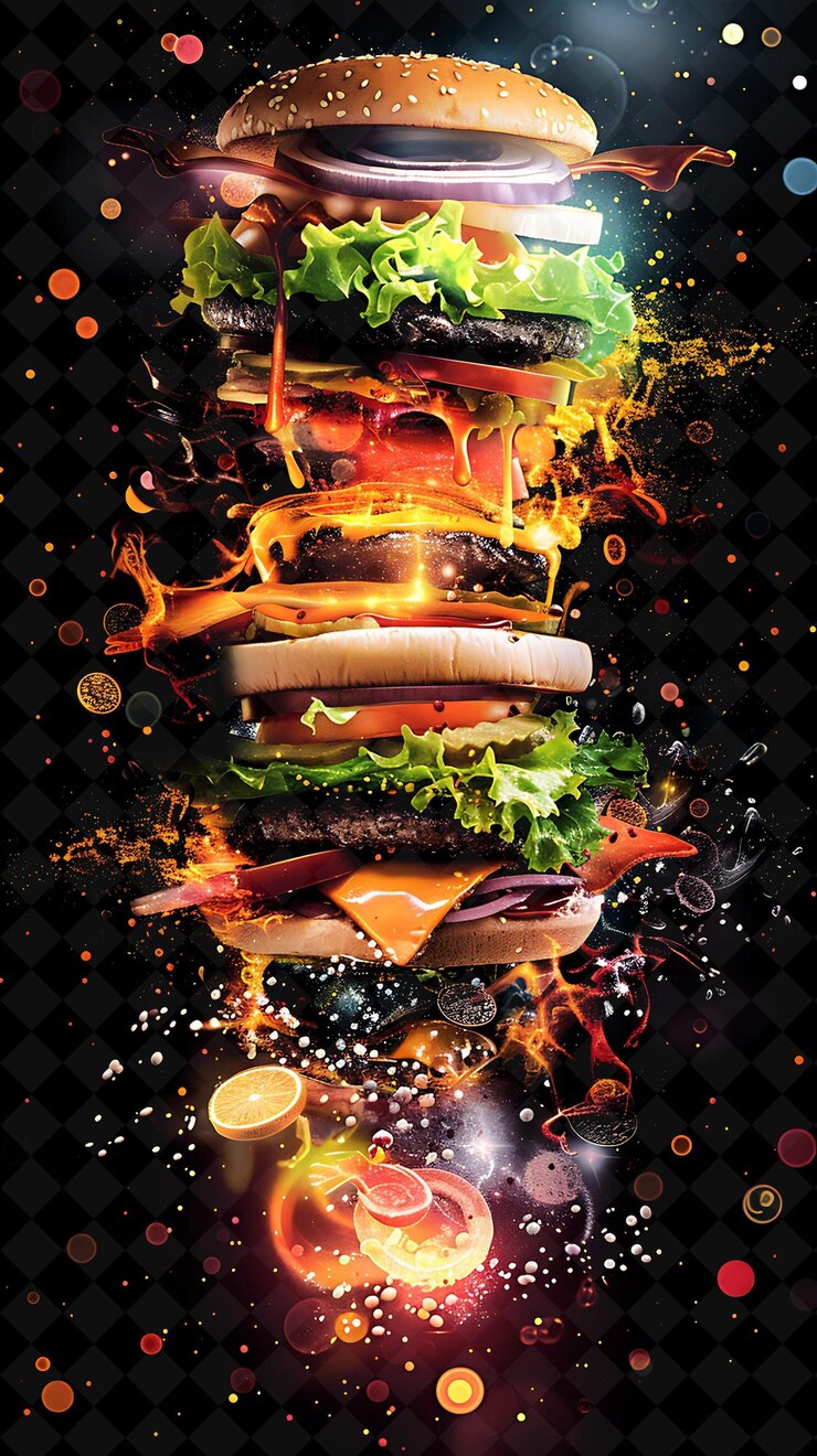 PSD ingrédients de hamburger luminescents et brillants explosion et désintégration couleur néon nourriture boisson collection y2k