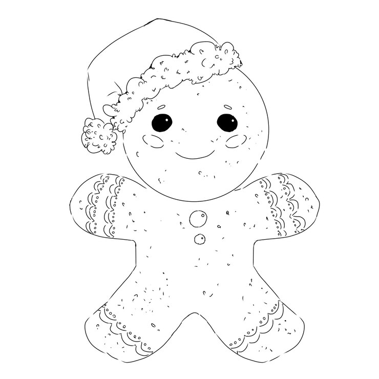 PSD ingwerbrot weihnachtsmann in weihnachten hut grafik schwarz-weiß-linie illustration druck gravur