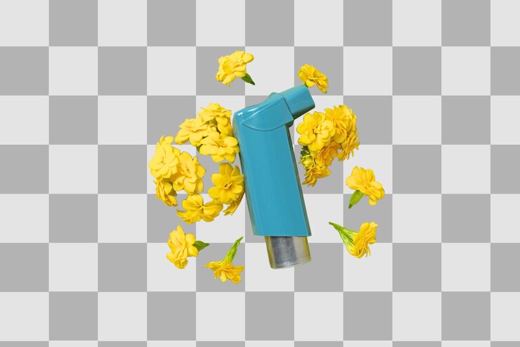 PSD inhalador entre flores amarillas brillantes aisladas en png blanco