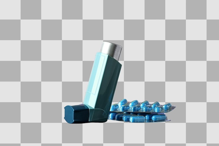 PSD inhaler next to blue capsules isolated on white png