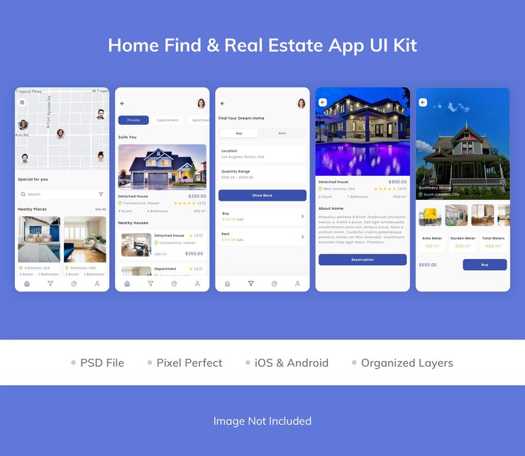 PSD inicio find real estate app kit de interfaz de usuario