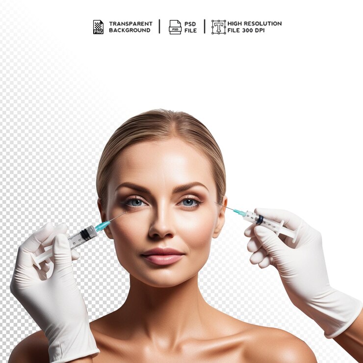 PSD iniezione di botox cosmeticodonna che riceve un'iniezione di botox facciale trasparente