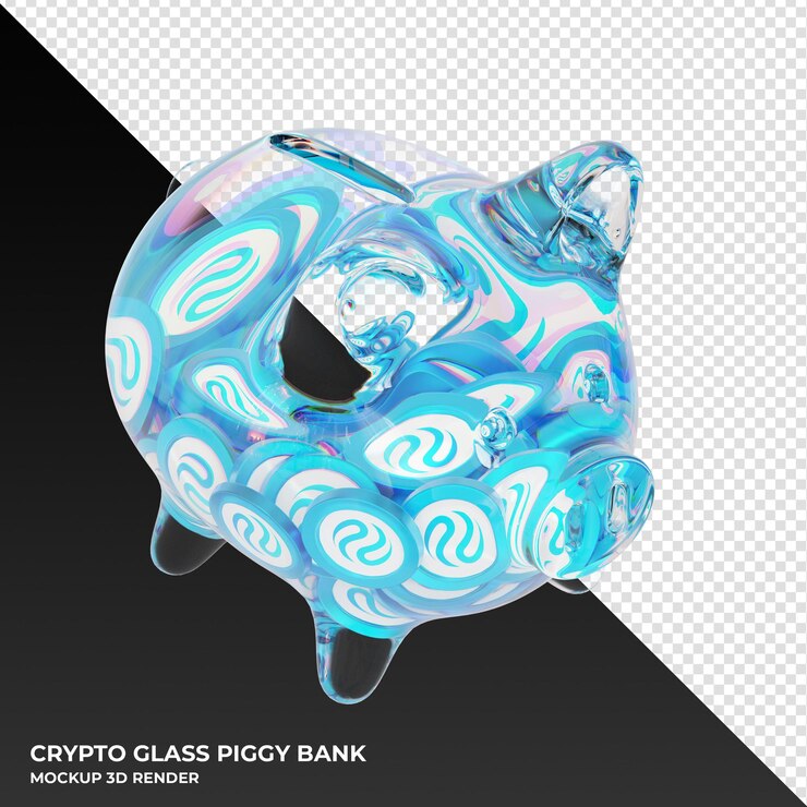 PSD injective inj celengan kaca dengan koin kripto ilustrasi 3d