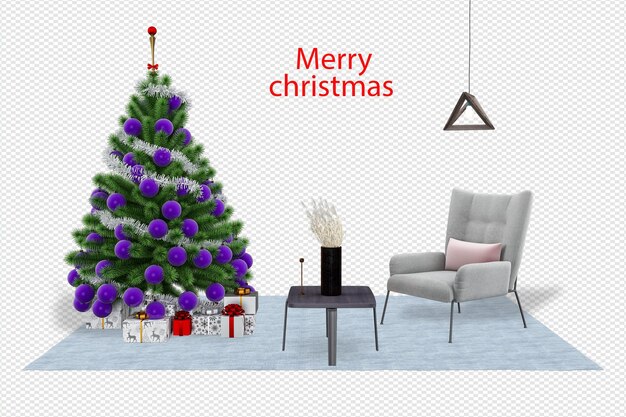 Innen modernes Wohnzimmer hat Weihnachtsbaum und Sesselin 3D-Rendering