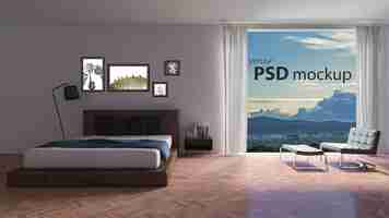 PSD innenarchitekturmodell mit großem fenster im schlafzimmer