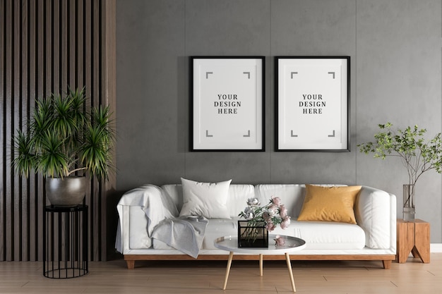 Innenplakate verspotten die Wand mit Pflanzen und Sofa im Wohnzimmer