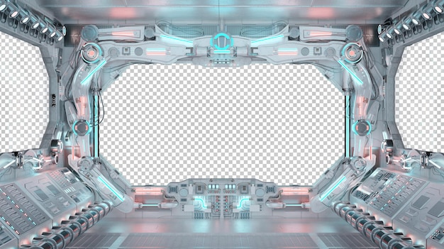 PSD innenraum des raumschiffcockpits mit isoliertem fenster