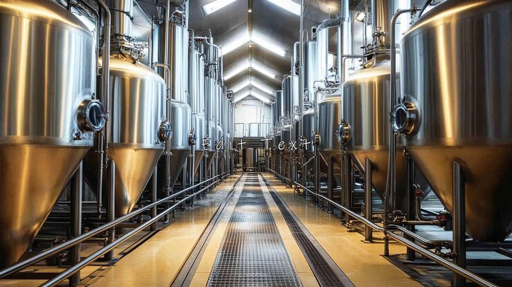PSD innenraum einer industriellen brauerei mit reihen von edelstahltanks