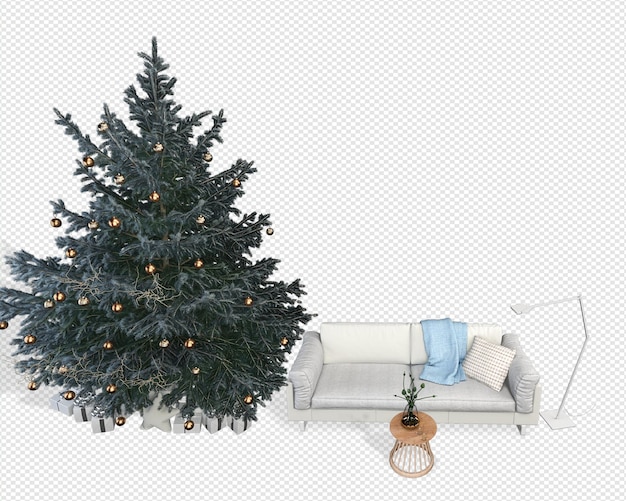 PSD innenraum mit geschmücktem weihnachtsbaum und sofa