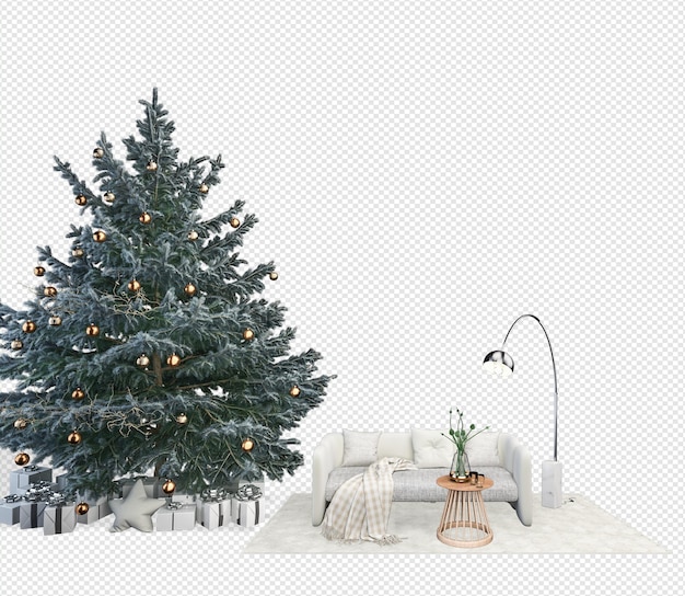 PSD innenraum mit geschmücktem weihnachtsbaum und sofa
