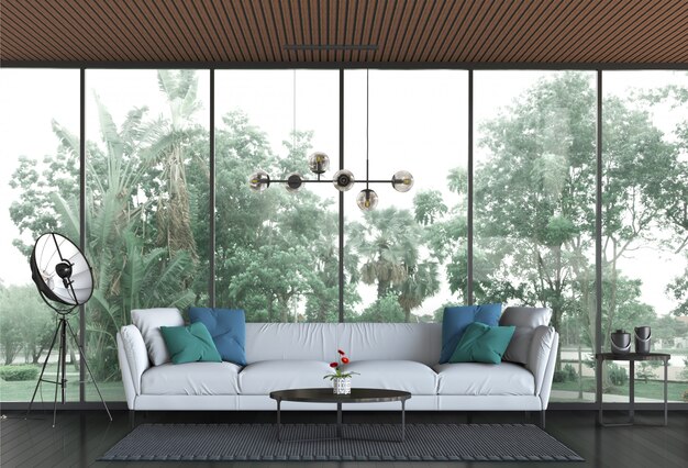 Innenwohnzimmer und Parklandschaft. 3D-Rendering