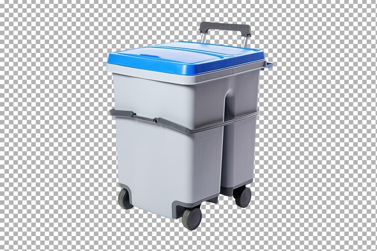 PSD innovador contenedor de basura de dos compartimentos diseñado para un reciclaje eficiente en la cocina de un apartamento urbano sobre un fondo transparente blanco o png