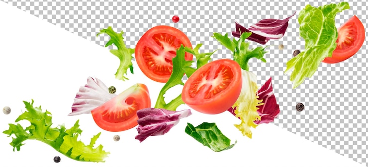 PSD insalata cadente di foglie con rucola, lattuga, radicchio, frise verdi romane e pomodorini isolati