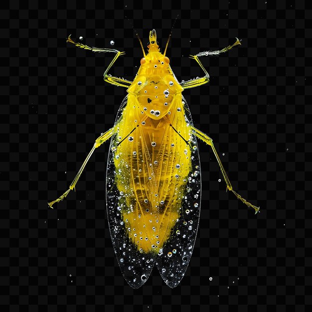 PSD un insecte jaune avec des gouttes d'eau sur un fond noir