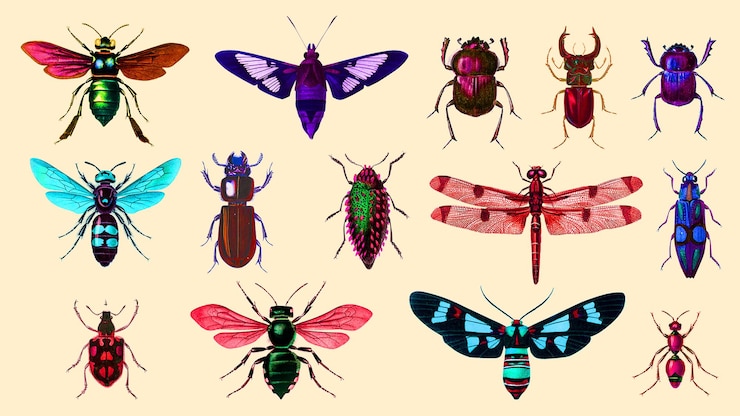 PSD insectes colorés découpés sur fond clair illustration scientifique collage ressource