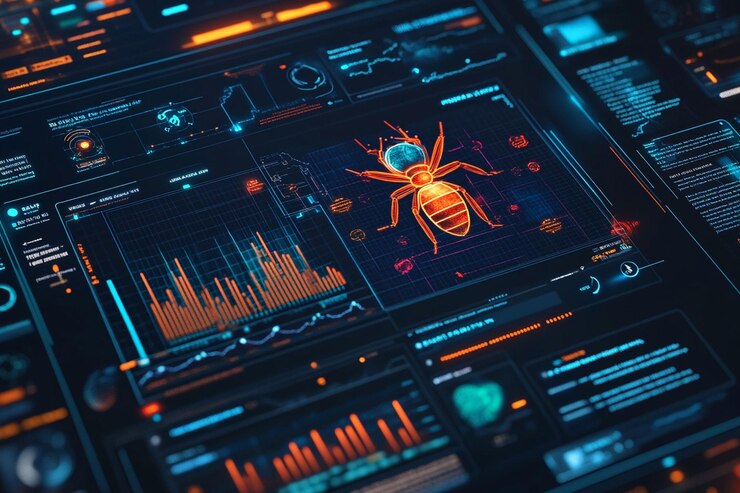 PSD insecto digital mostrado en una interfaz futurista que muestra el análisis de datos