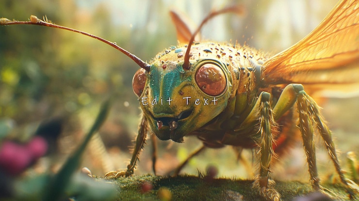 PSD un insecto fantástico vibrante con ojos grandes y alas translúcidas se alza en el suelo de musgo en un bosque iluminado por el sol