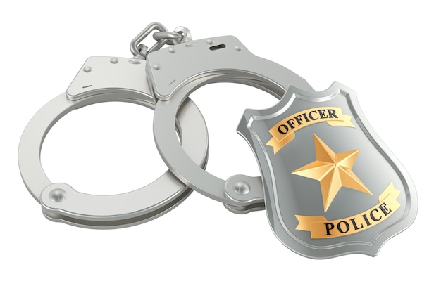 Insegna di poliziotto con manette Concept di detenzione e arresto rendering 3D isolato su sfondo trasparente