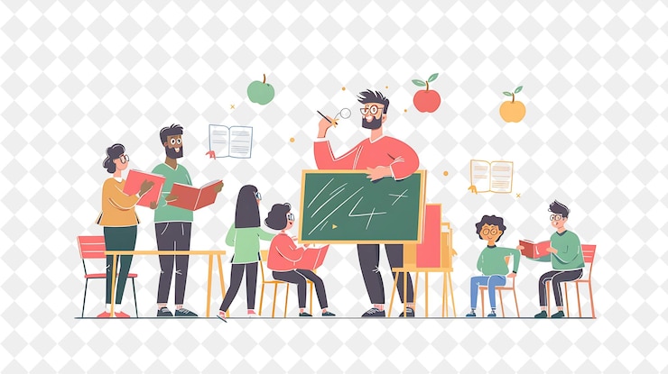 PSD insegnante classico con personaggi che insegnano ed educano studia png le persone nel lavoro quotidiano illustrazione