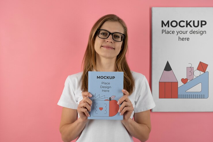PSD insegnante femminile con libro per la celebrazione del giorno degli insegnanti