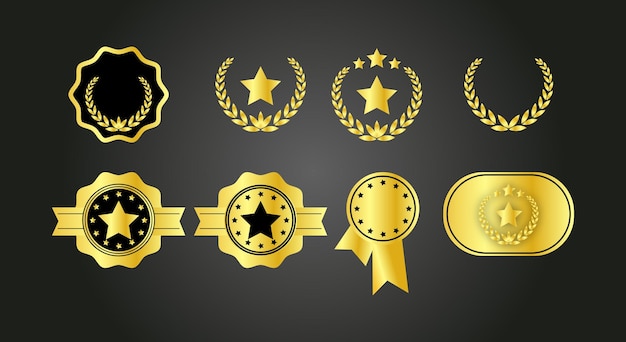 Insigni del premio d'oro e icone della corona di alloro isolate su uno sfondo scuro