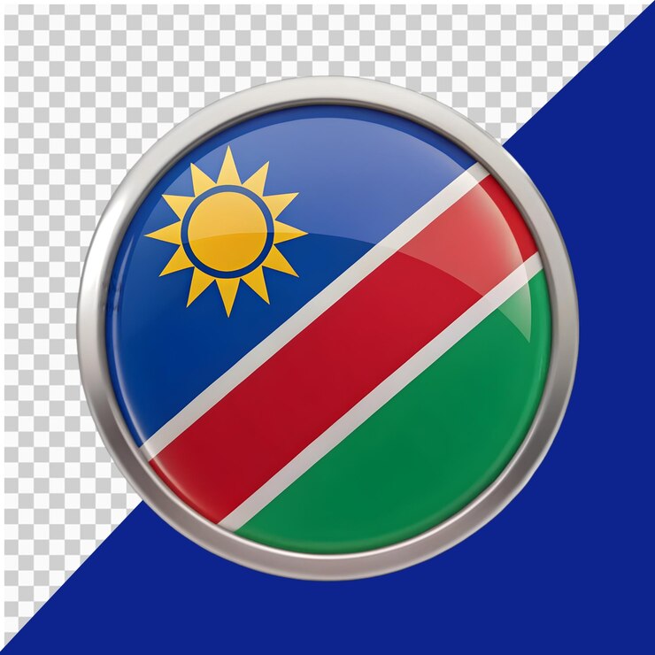 PSD insignia de la bandera de namibia círculo con marco de cromo en fondo azul
