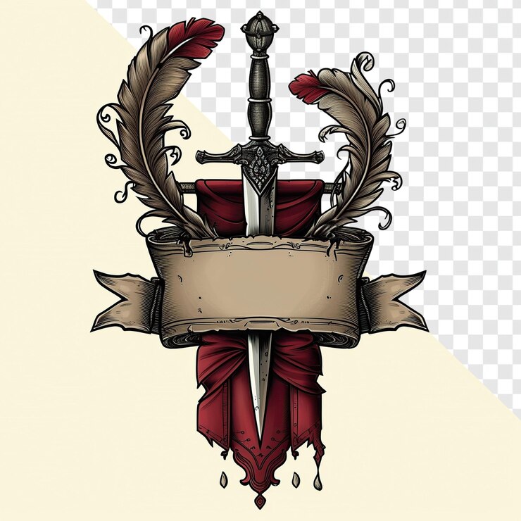 PSD insígnia da banda de mercenários com banner scroll quill e dagger ilustração fundo transparente