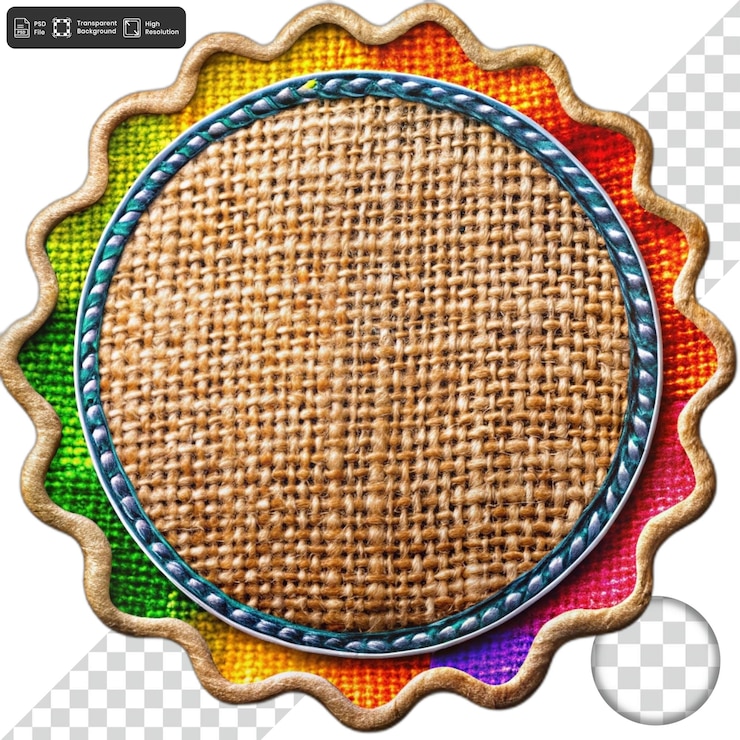 PSD insignia de círculo de burlap colorido com borda ondulada