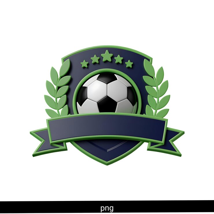 PSD insignia de futebol com fita de escudo de bola e coroa de louro