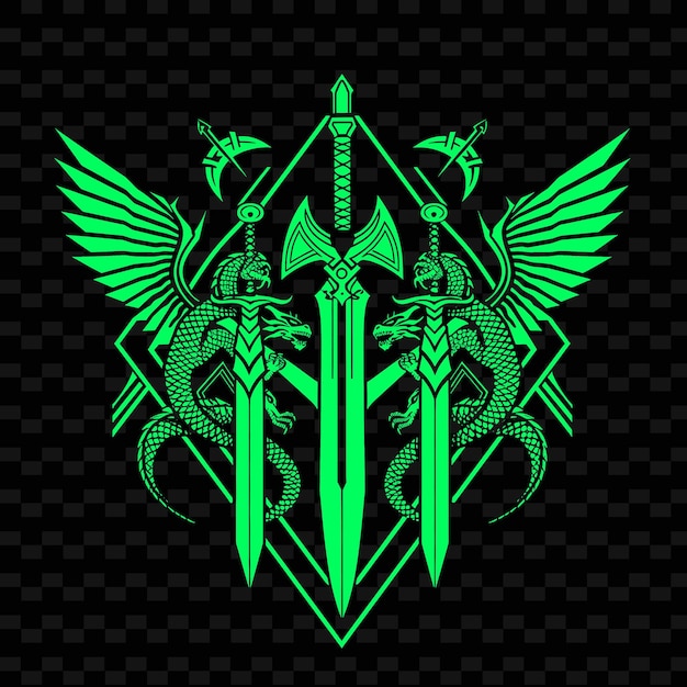 PSD insígnia do império do mito do senhor da guerra com dragões e espadas para designs vector tribais criativos