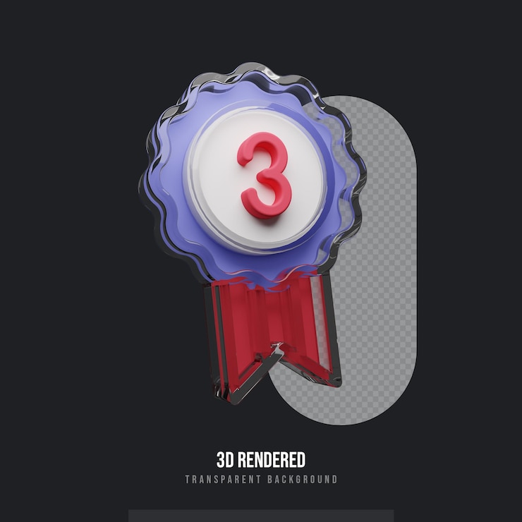 PSD insignia de premio de vidrio renderizado en 3d con el número 3