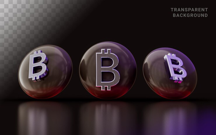 PSD insignia de signo de bitcoin de tres vistas sobre fondo oscuro ilustración 3d dinero digital de criptomoneda