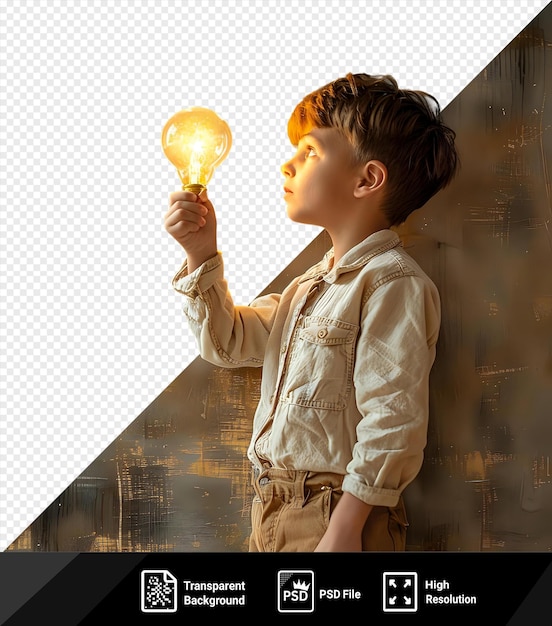 Inspirado niño que viene con una idea invisible brillante png psd