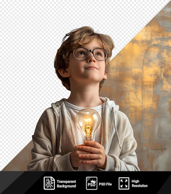 PSD inspirado niño que viene con una idea invisible brillante png psd