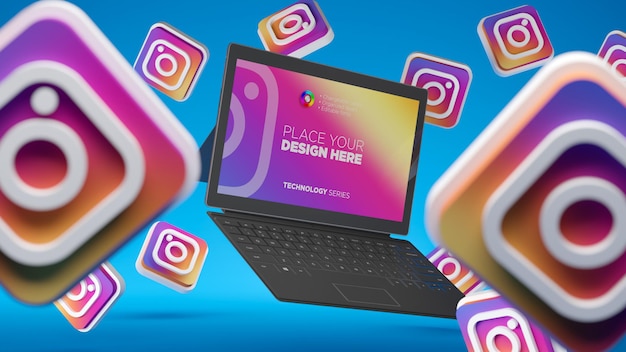 Instagram 3D-Social-Media-Symbol mit Laptop-Desktop-Bildschirmmodell