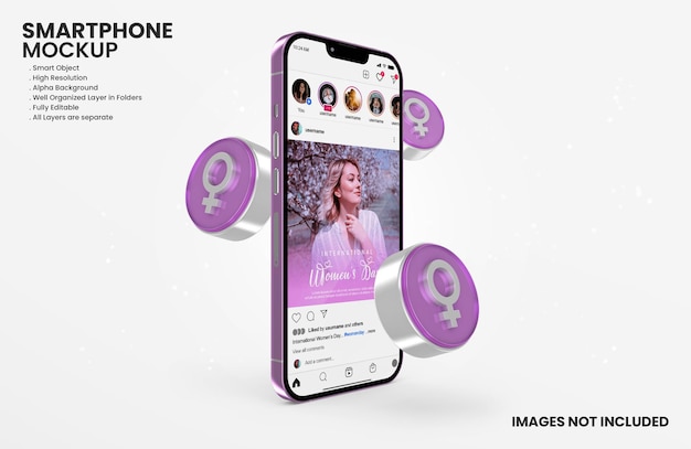 Instagram auf smartphone-mockup zur feier des internationalen frauentags