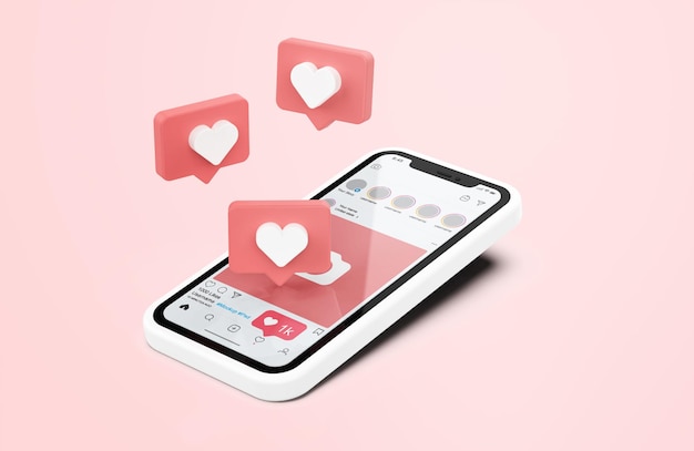 Instagram auf weißem Handy-Mockup mit 3D-Symbolen