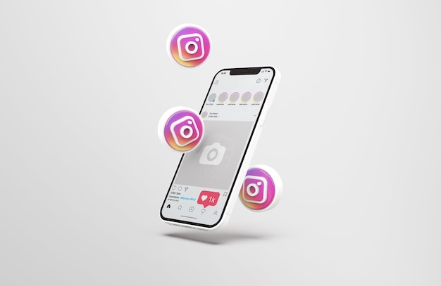 PSD instagram auf weißem handy-mockup mit 3d-symbolen