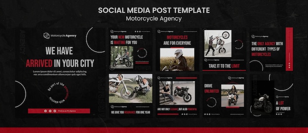 PSD instagram beiträge sammlung für motorradagentur mit männlichen fahrer