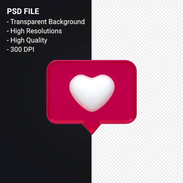 PSD instagram comme l'icône 3d ou facebook love emoji notifications rendu 3d isolé