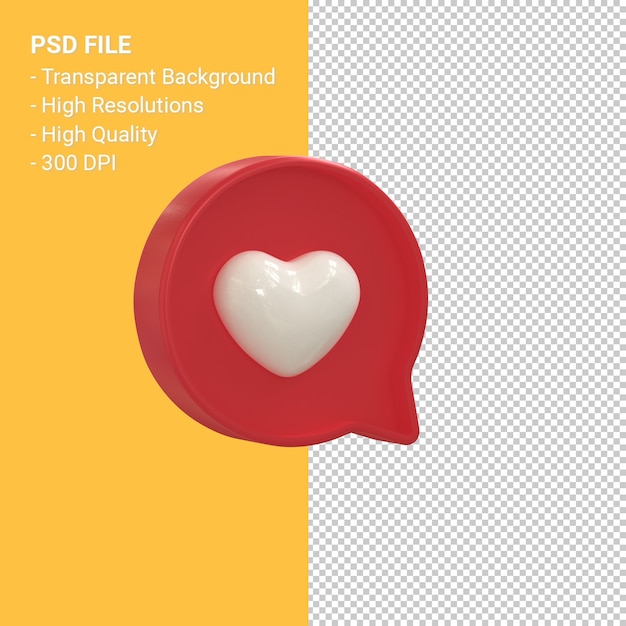 Instagram como ícone 3D ou notificações de emoji de amor do Facebook renderização em 3D isolada