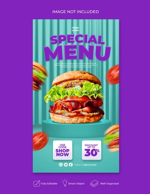 PSD instagram de menu de restaurante delicioso e modelo de história do facebook