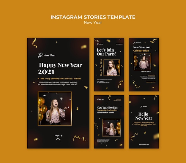 PSD instagram geschichten sammlung für neujahrsparty mit frau und konfetti