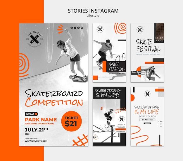 PSD instagram-geschichten zum skateboarden im flachen design