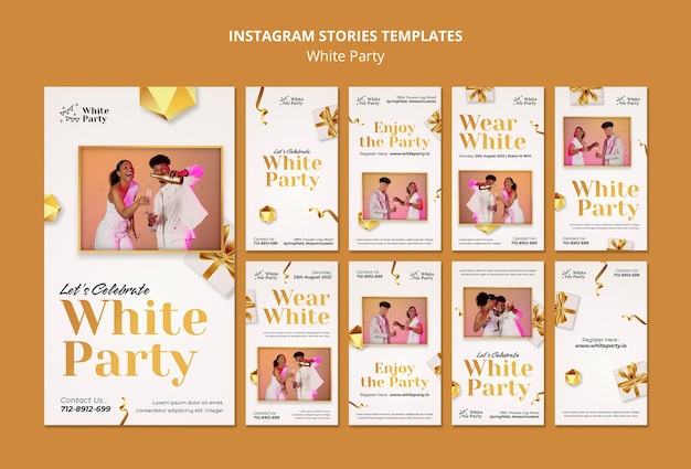 Instagram-geschichtensammlung der weißen party mit goldenem geschenk und band