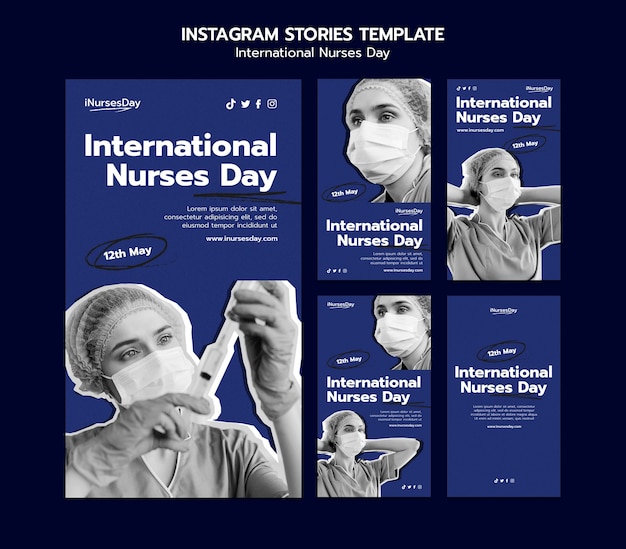 Instagram-geschichtensammlung zum internationalen krankenschwesterntag mit krankenschwester, die eine medizinische maske trägt