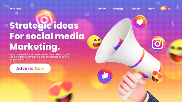 Instagram-Landing-Page-Vorlage mit Social-Media-Logos und Symbolen um 3D-Megaphon