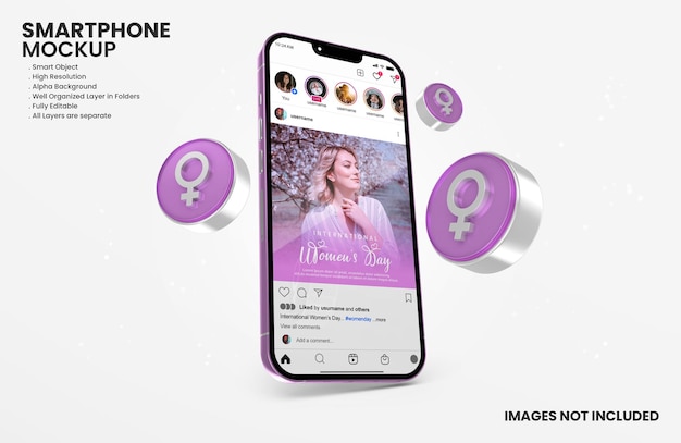 Instagram en maqueta de teléfono inteligente para la celebración del día internacional de la mujer